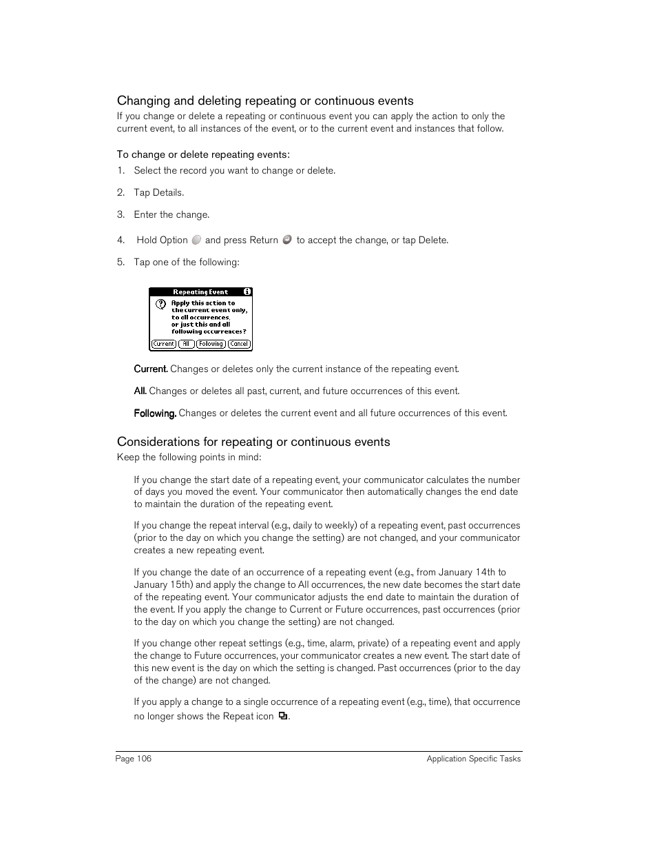 To change or delete repeating events, Considerations for repeating or continuous events | Handspring Treo 180 User Manual | Page 106 / 235