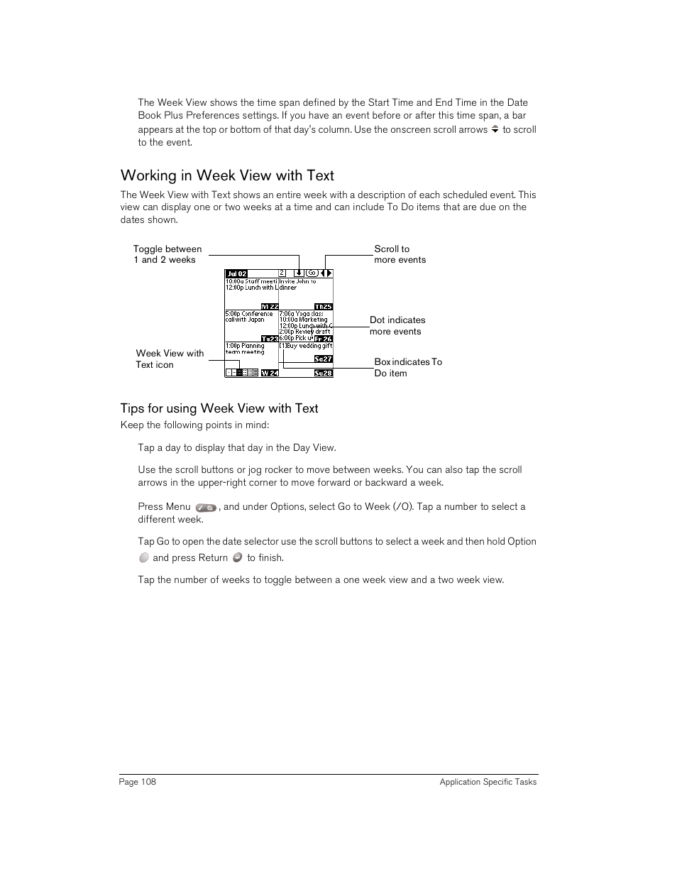 Working in week view with text, Tips for using week view with text | Handspring Treo 180 User Manual | Page 108 / 235