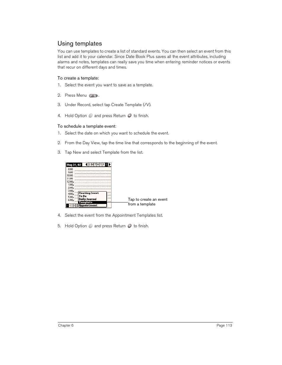 Using templates, To create a template, To schedule a template event | Handspring Treo 180 User Manual | Page 113 / 235