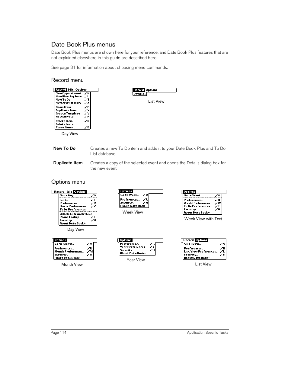 Date book plus menus, Record menu, Options menu | Calculator menus | Handspring Treo 180 User Manual | Page 114 / 235