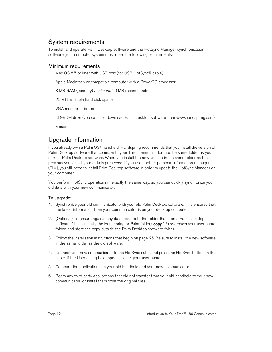 System requirements, Minimum requirements, Upgrade information | To upgrade, System requirements upgrade information | Handspring Treo 180 User Manual | Page 12 / 235