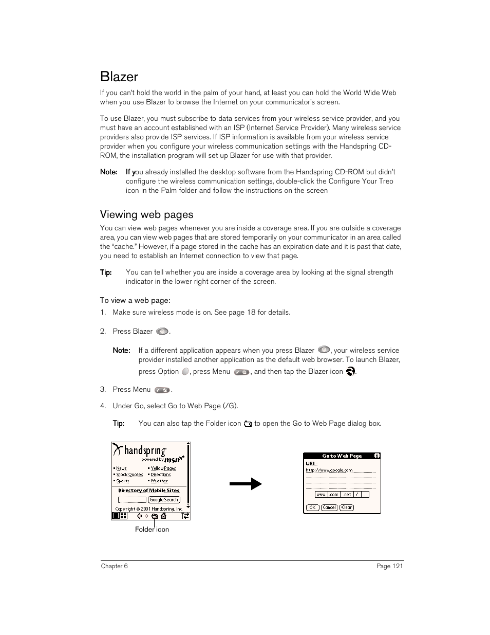 Blazer, Viewing web pages | Handspring Treo 180 User Manual | Page 121 / 235