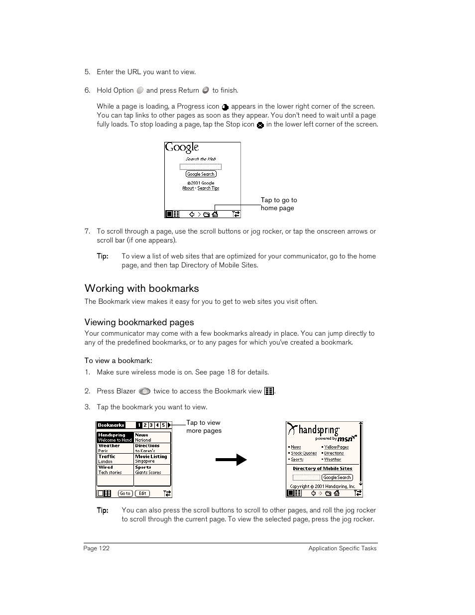 Working with bookmarks, To view a bookmark, Viewing bookmarked pages | Handspring Treo 180 User Manual | Page 122 / 235