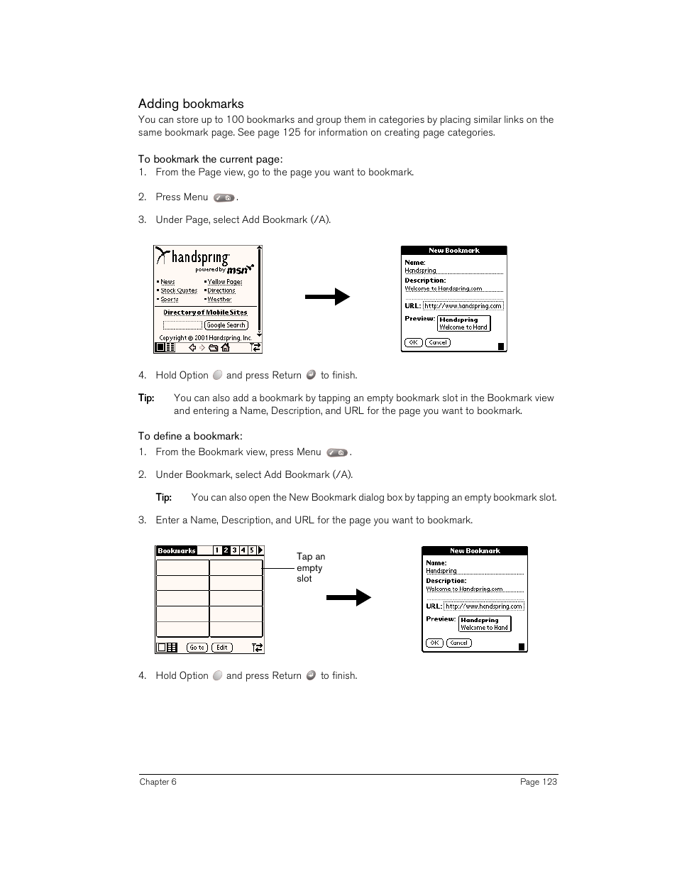 Adding bookmarks, To define a bookmark | Handspring Treo 180 User Manual | Page 123 / 235