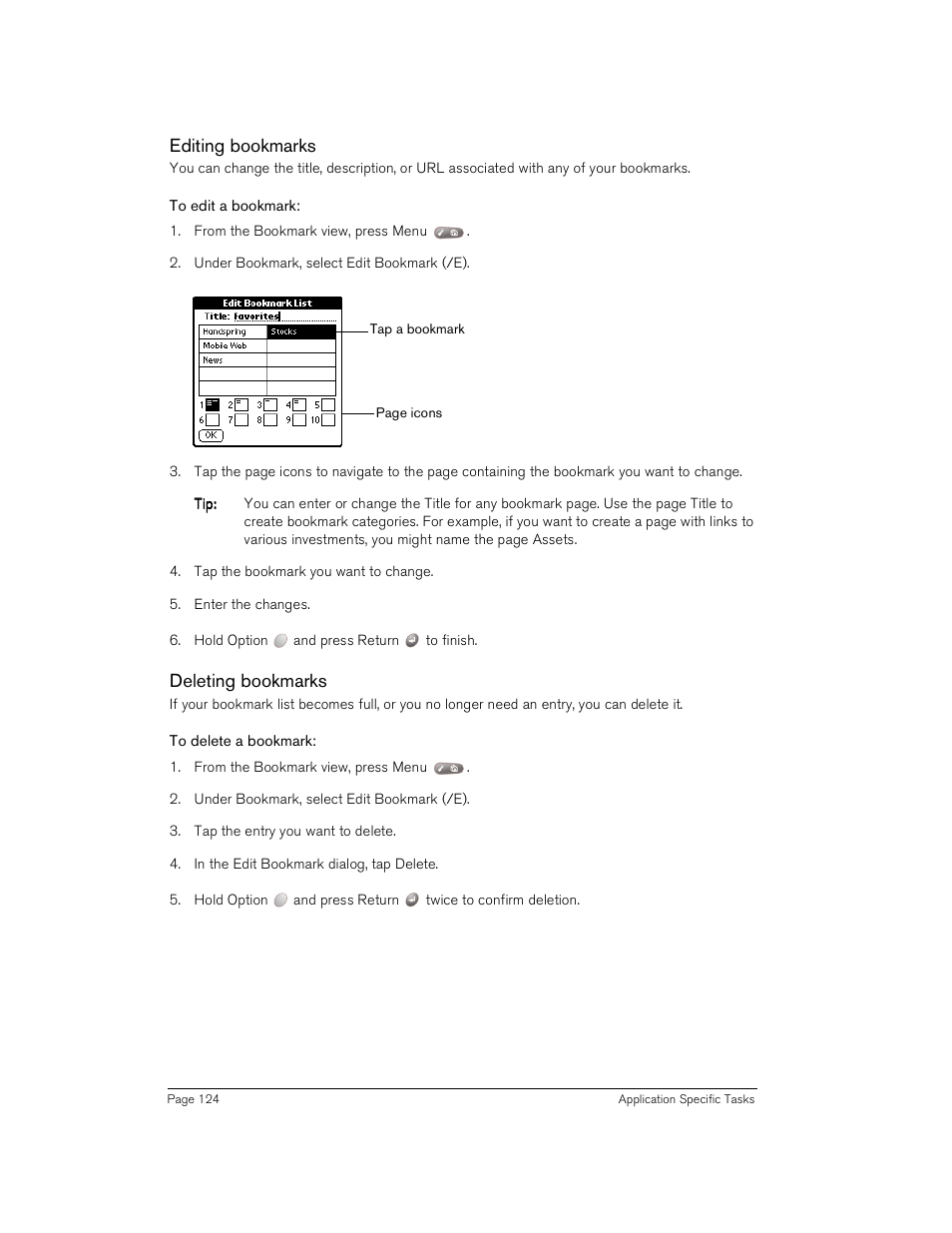 Editing bookmarks, To edit a bookmark, Deleting bookmarks | To delete a bookmark | Handspring Treo 180 User Manual | Page 124 / 235