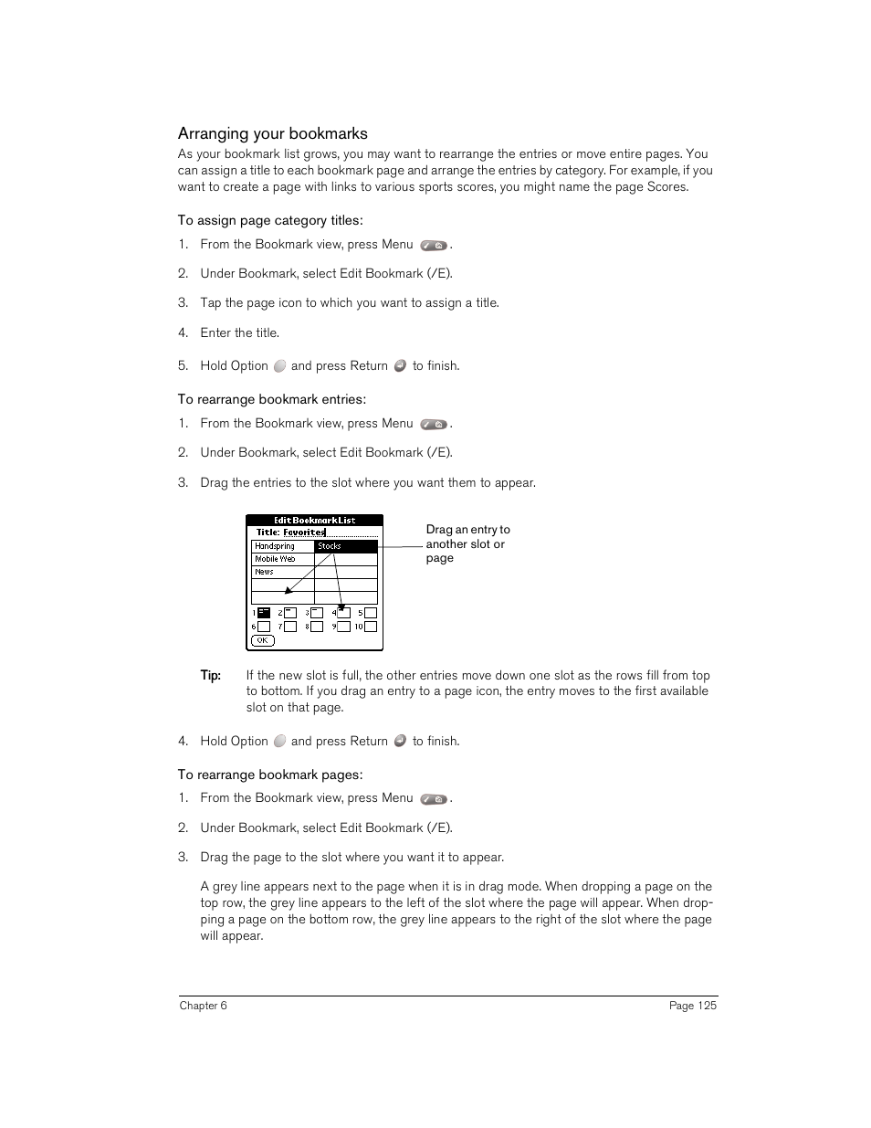 Arranging your bookmarks, To rearrange bookmark entries | Handspring Treo 180 User Manual | Page 125 / 235