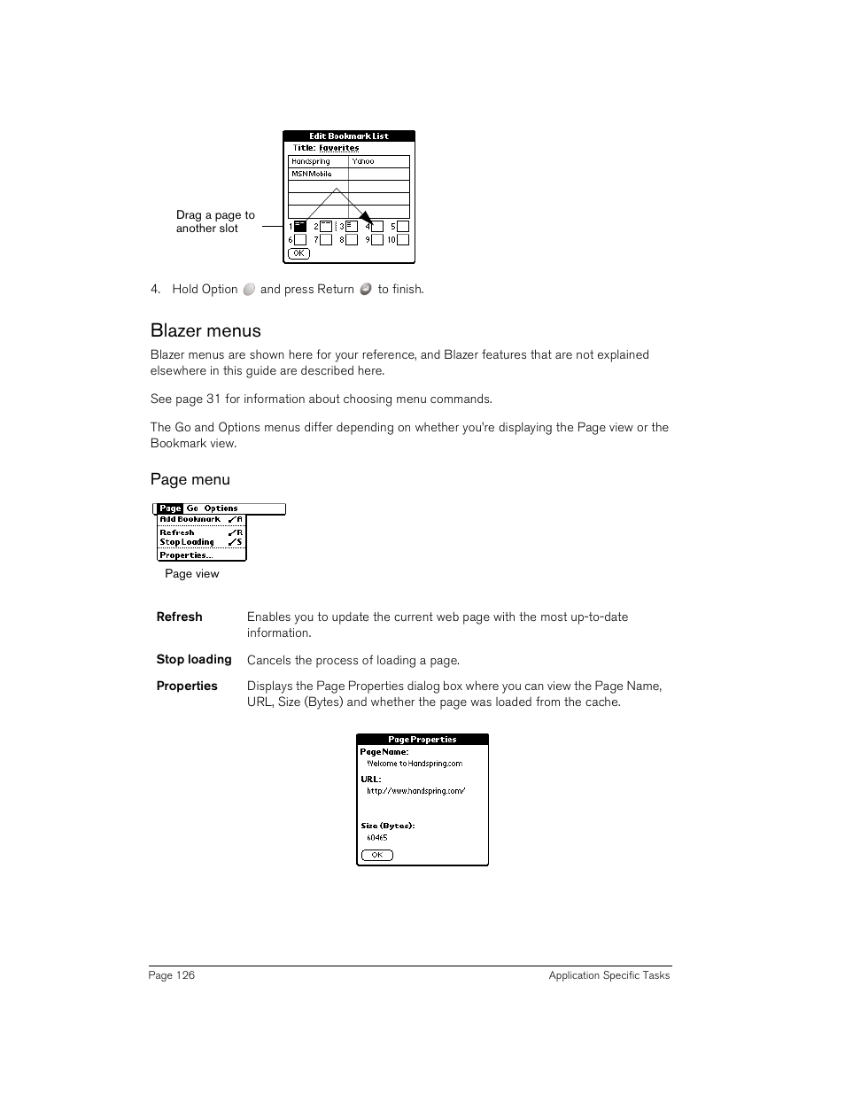 Blazer menus, Page menu | Handspring Treo 180 User Manual | Page 126 / 235