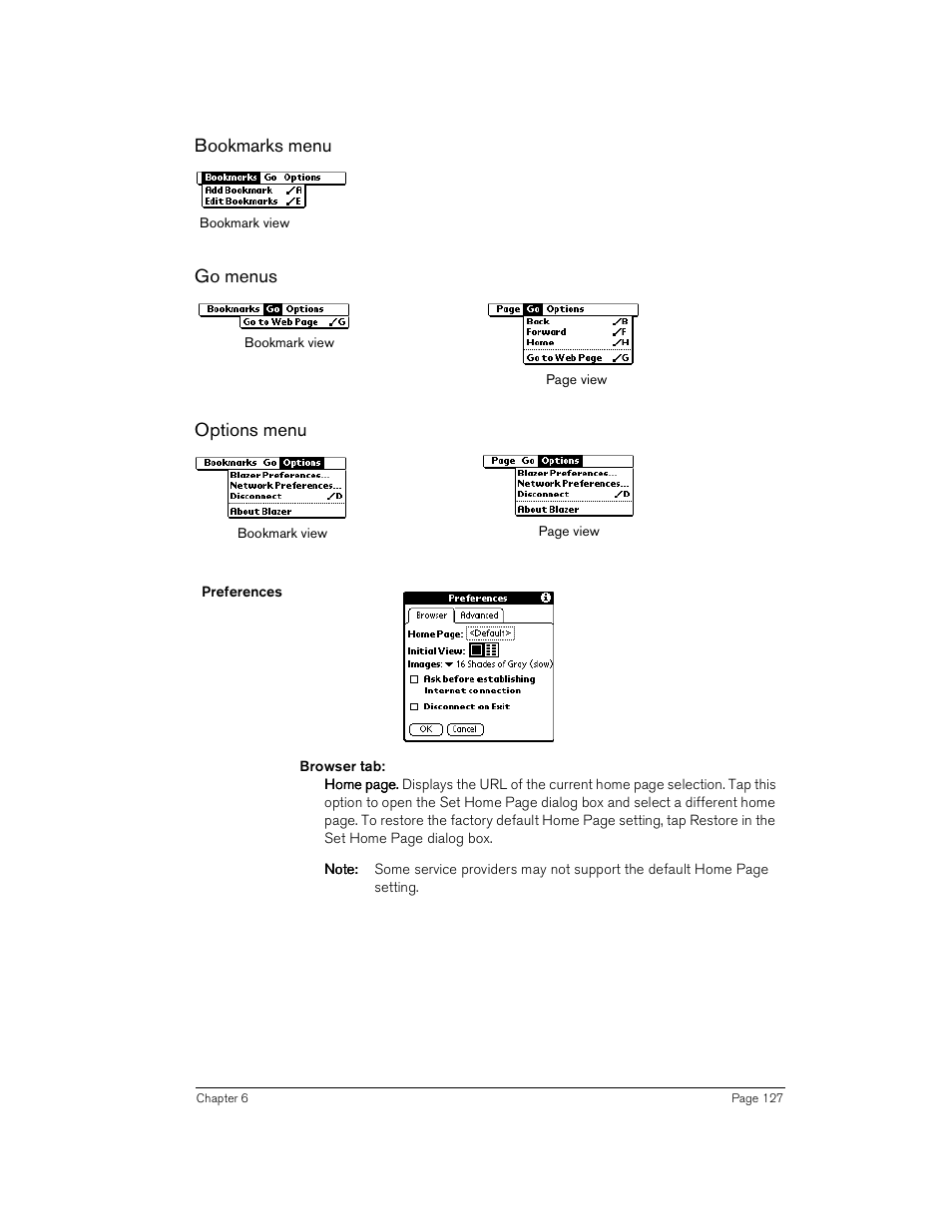 Bookmarks menu, Go menus, Options menu | Handspring Treo 180 User Manual | Page 127 / 235