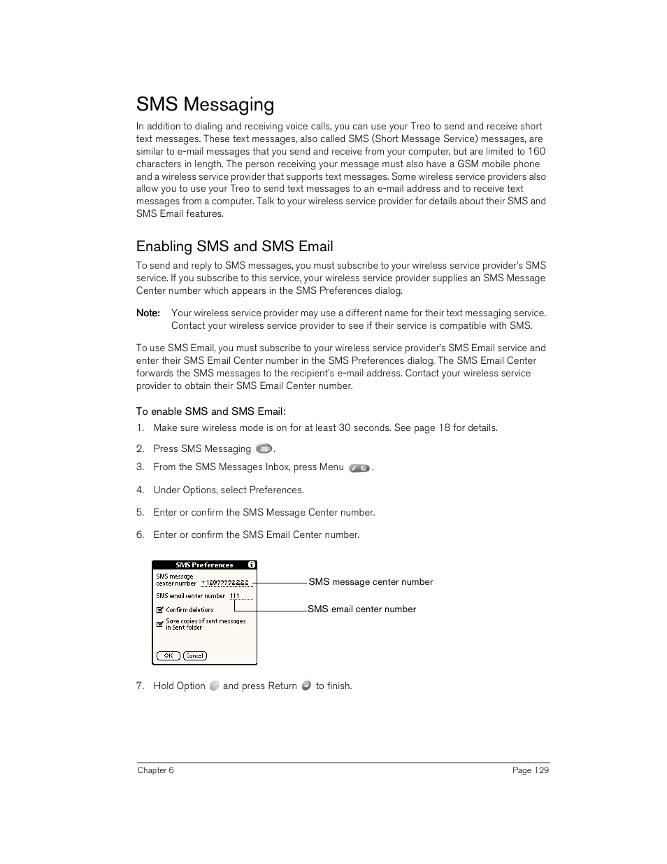 Sms messaging, Enabling sms and sms email, To enable sms and sms email | Handspring Treo 180 User Manual | Page 129 / 235