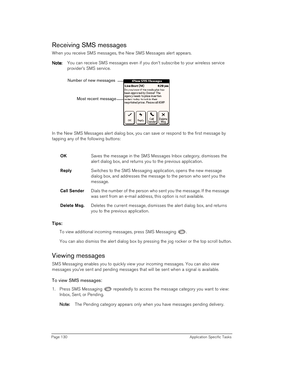 Receiving sms messages, Tips, Viewing messages | To view sms messages, Receiving sms messages viewing messages | Handspring Treo 180 User Manual | Page 130 / 235