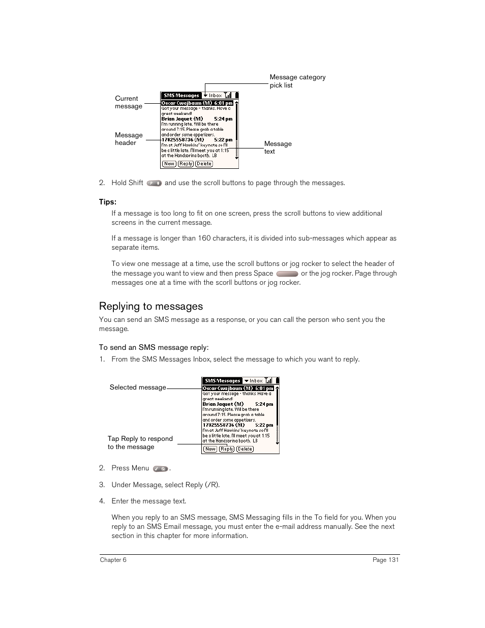 Tips, Replying to messages, To send an sms message reply | Handspring Treo 180 User Manual | Page 131 / 235