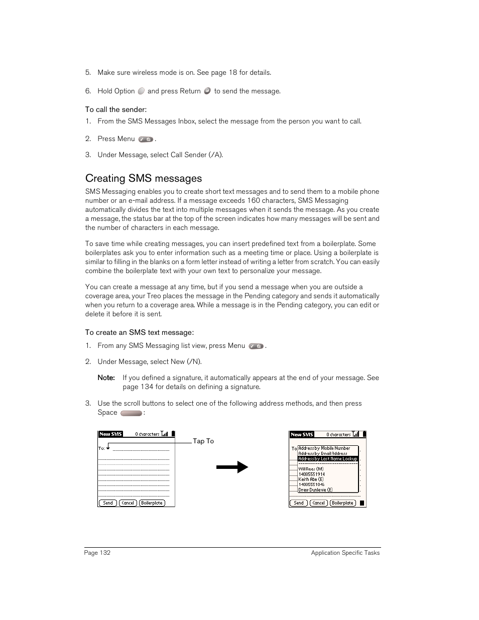 To call the sender, Creating sms messages, To create an sms text message | Handspring Treo 180 User Manual | Page 132 / 235