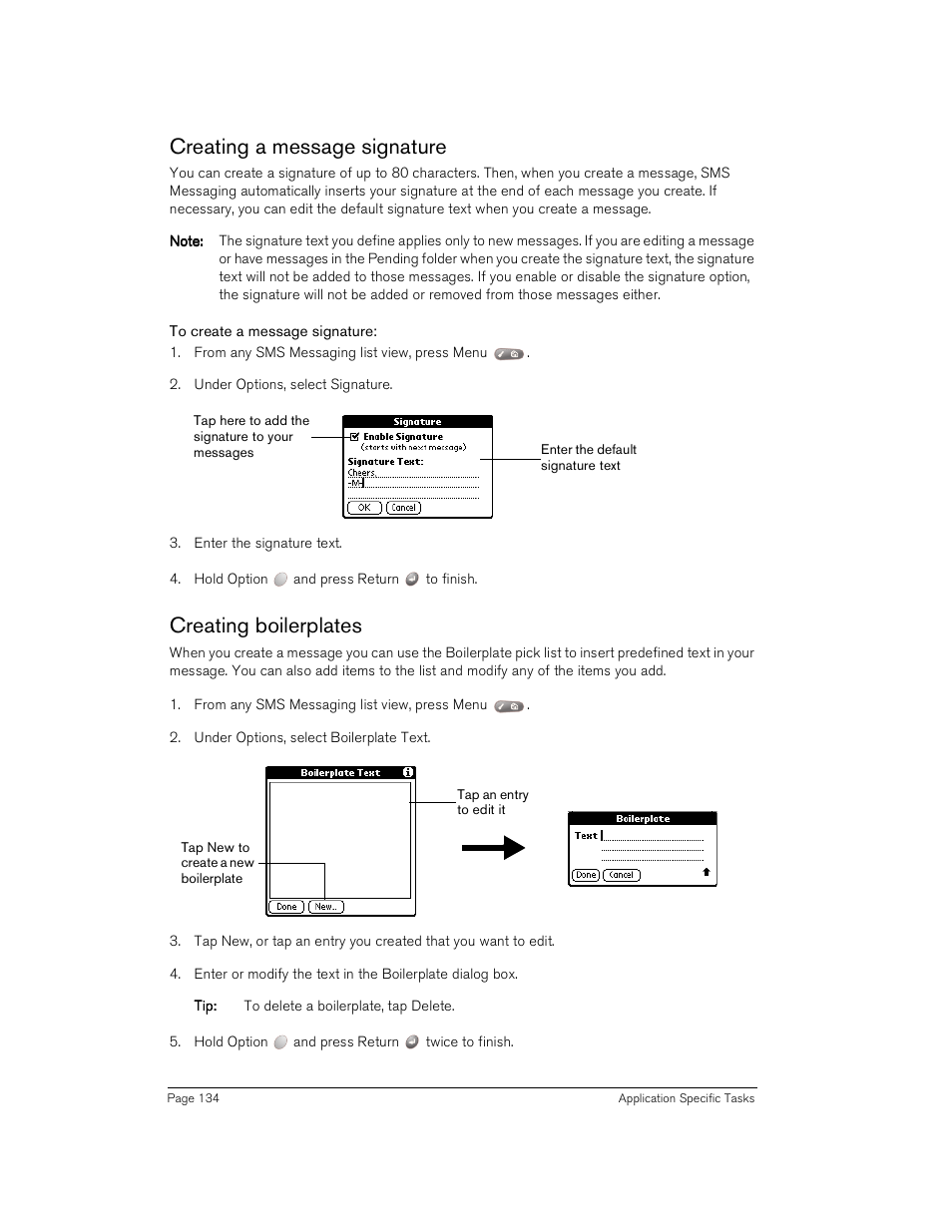 Creating a message signature, To create a message signature, Creating boilerplates | Creating a message signature creating boilerplates | Handspring Treo 180 User Manual | Page 134 / 235