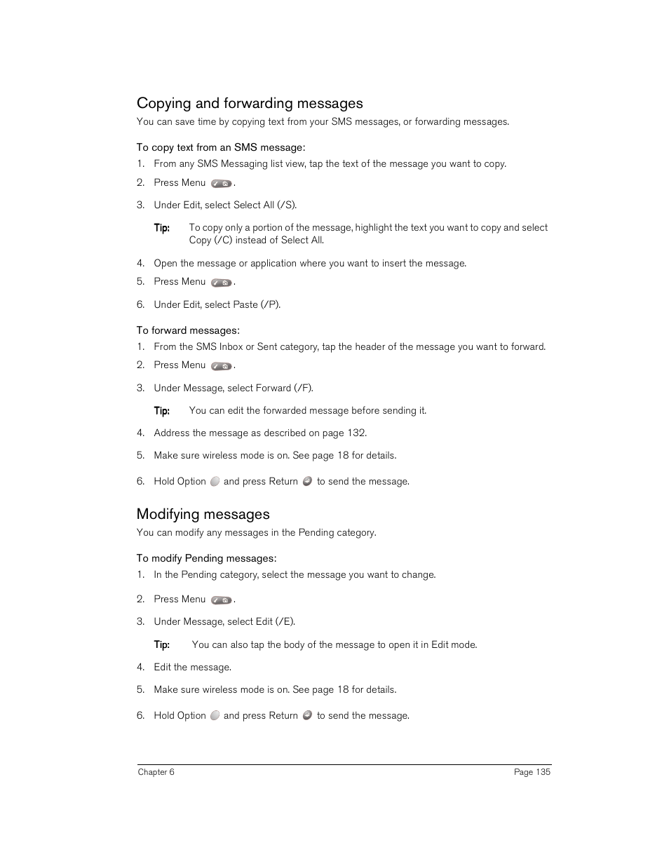 Copying and forwarding messages, To copy text from an sms message, To forward messages | Modifying messages, To modify pending messages, Copying and forwarding messages modifying messages | Handspring Treo 180 User Manual | Page 135 / 235