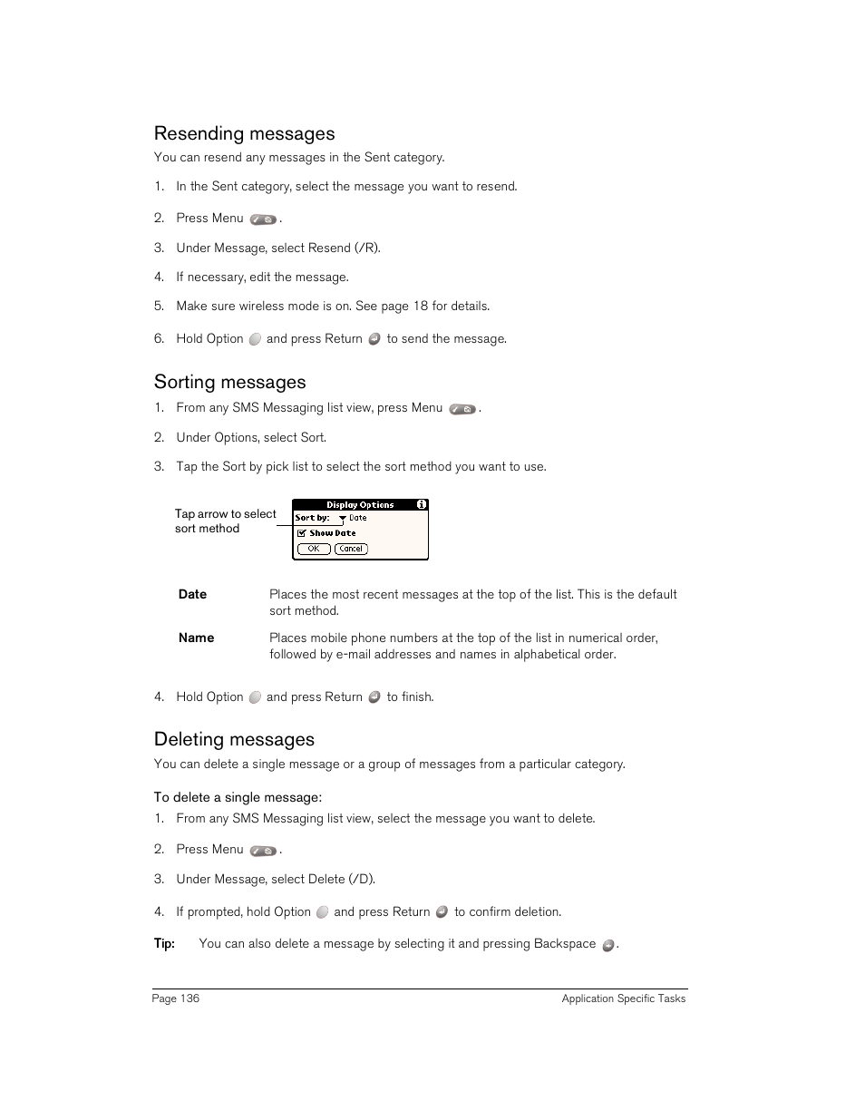 Resending messages, Sorting messages, Deleting messages | To delete a single message | Handspring Treo 180 User Manual | Page 136 / 235