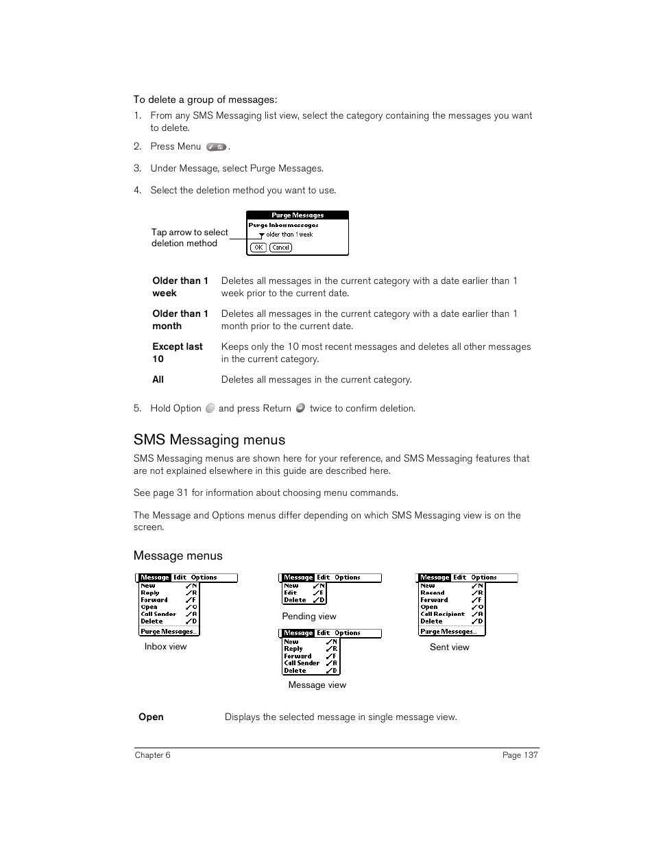 To delete a group of messages, Sms messaging menus, Message menus | Handspring Treo 180 User Manual | Page 137 / 235