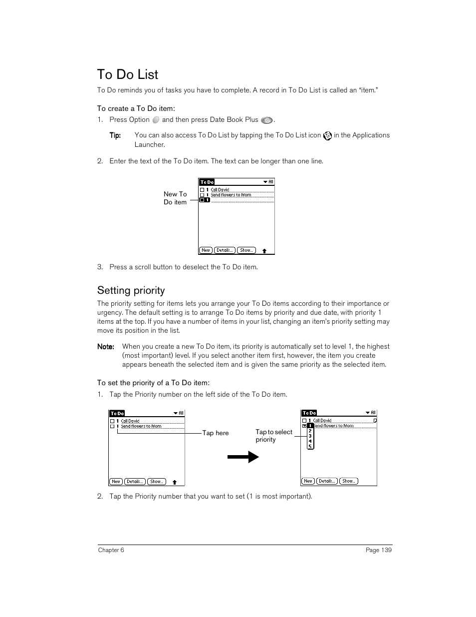 To do list, To create a to do item, Setting priority | To set the priority of a to do item | Handspring Treo 180 User Manual | Page 139 / 235