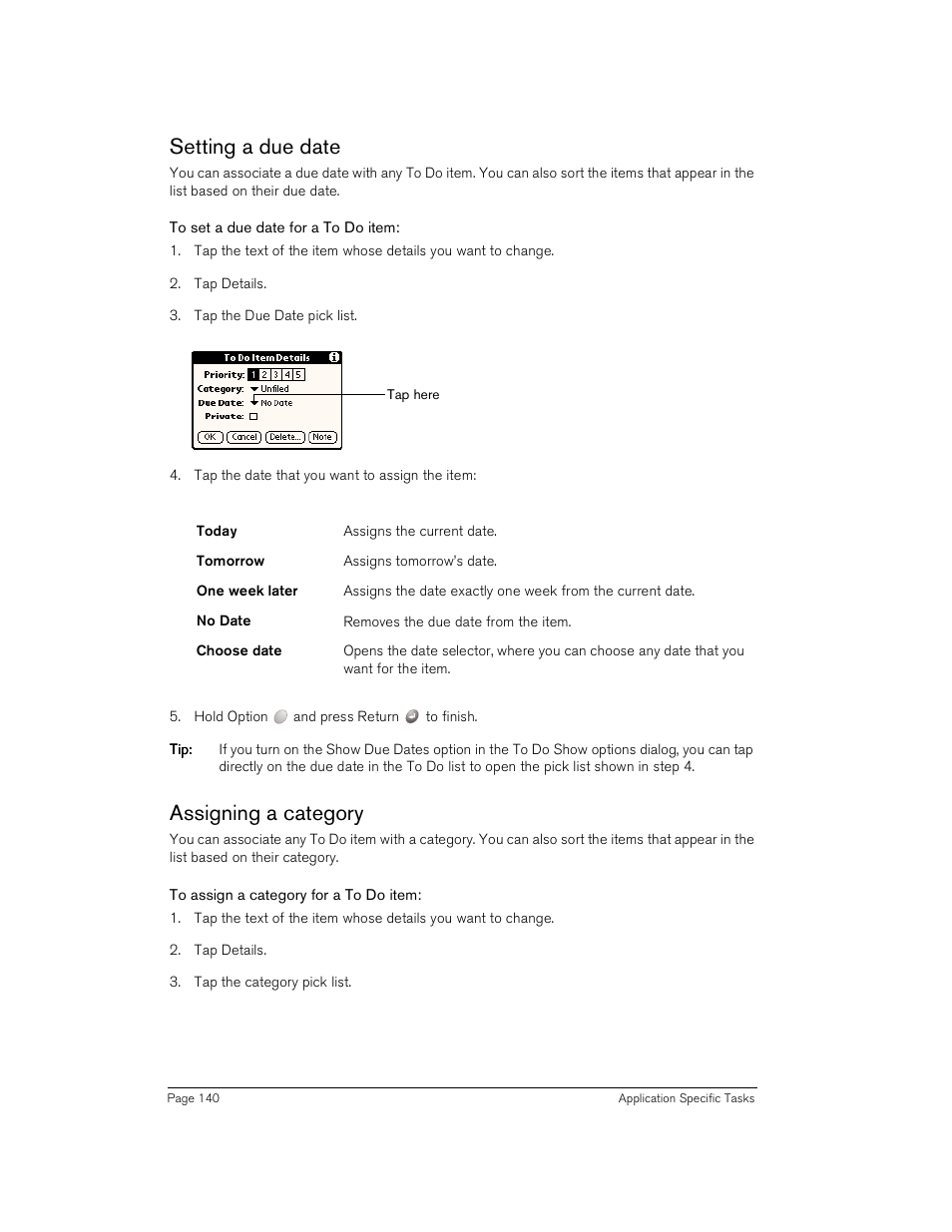 Setting a due date, To set a due date for a to do item, Assigning a category | To assign a category for a to do item, Setting a due date assigning a category | Handspring Treo 180 User Manual | Page 140 / 235