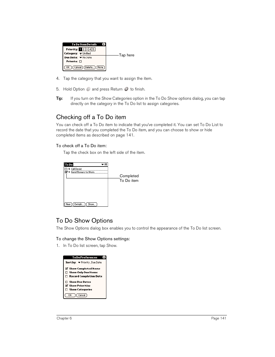 Checking off a to do item, To check off a to do item, To do show options | To change the show options settings, Checking off a to do item to do show options | Handspring Treo 180 User Manual | Page 141 / 235