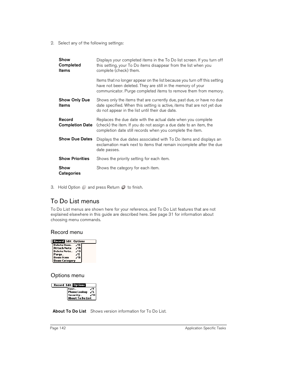 To do list menus, Record menu, Options menu | Record menu options menu | Handspring Treo 180 User Manual | Page 142 / 235