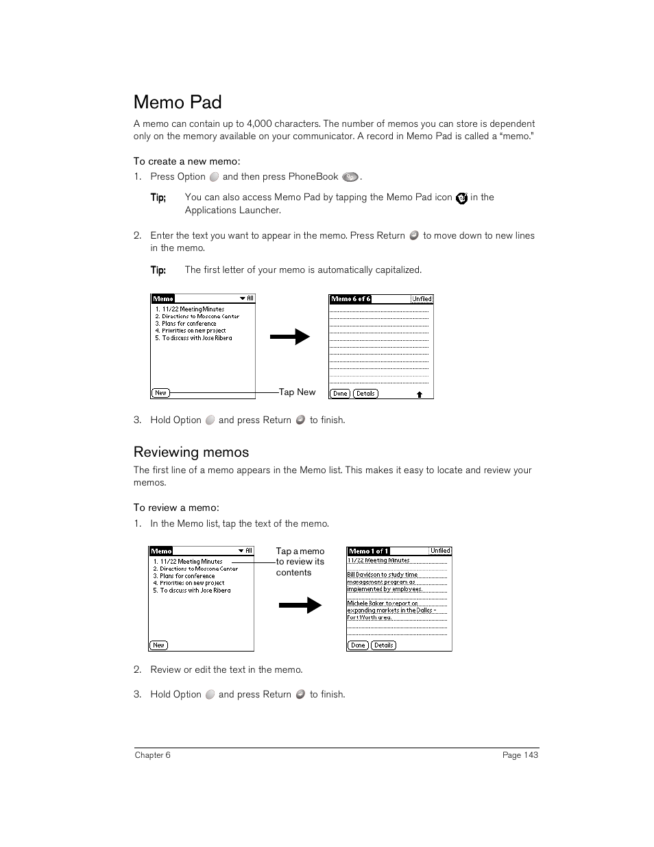 Memo pad, To create a new memo, Reviewing memos | To review a memo | Handspring Treo 180 User Manual | Page 143 / 235