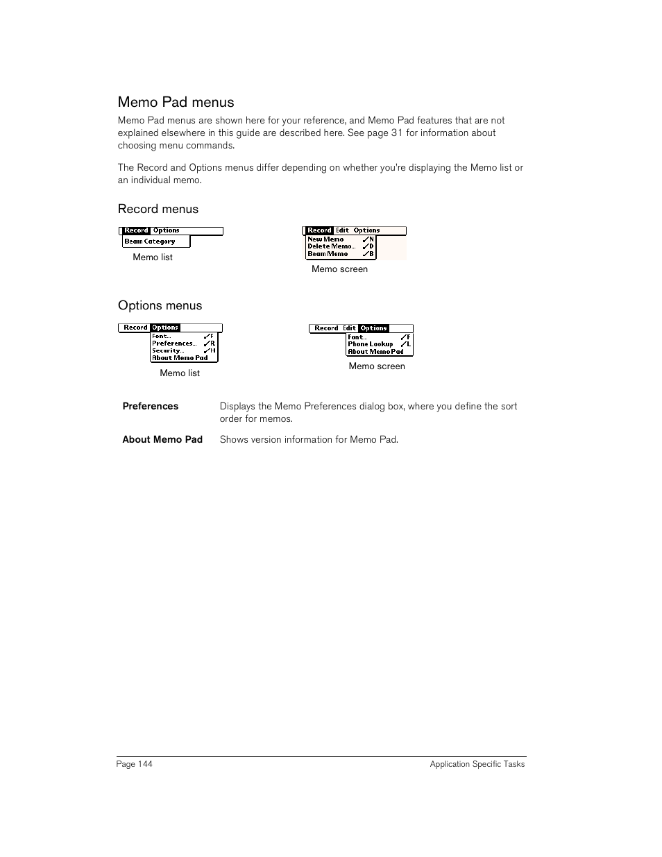 Memo pad menus, Record menus, Options menus | Record menus options menus | Handspring Treo 180 User Manual | Page 144 / 235