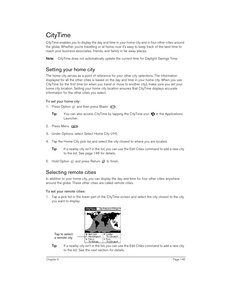 Citytime, Setting your home city, To set your home city | Selecting remote cities, To set your remote cities | Handspring Treo 180 User Manual | Page 145 / 235