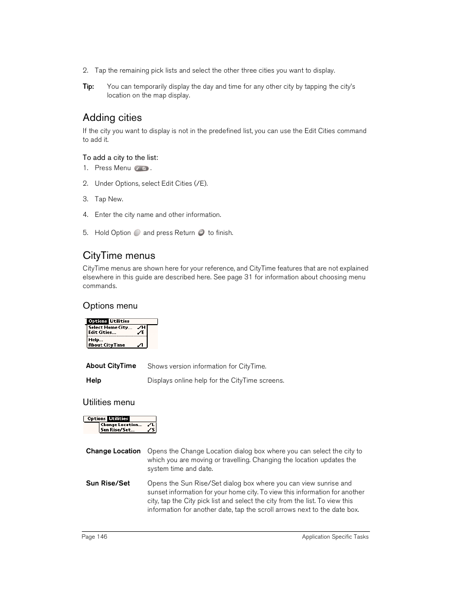 Adding cities, To add a city to the list, Citytime menus | Options menu, Utilities menu, Adding cities citytime menus | Handspring Treo 180 User Manual | Page 146 / 235