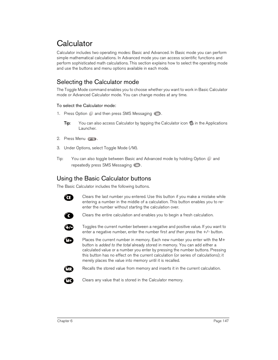 Calculator, Selecting the calculator mode, To select the calculator mode | Using the basic calculator buttons | Handspring Treo 180 User Manual | Page 147 / 235