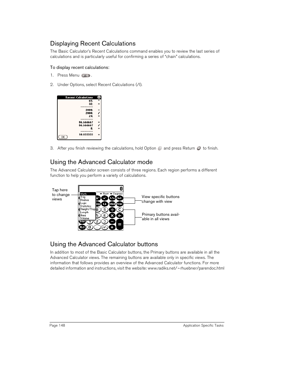 Displaying recent calculations, To display recent calculations, Using the advanced calculator mode | Using the advanced calculator buttons | Handspring Treo 180 User Manual | Page 148 / 235