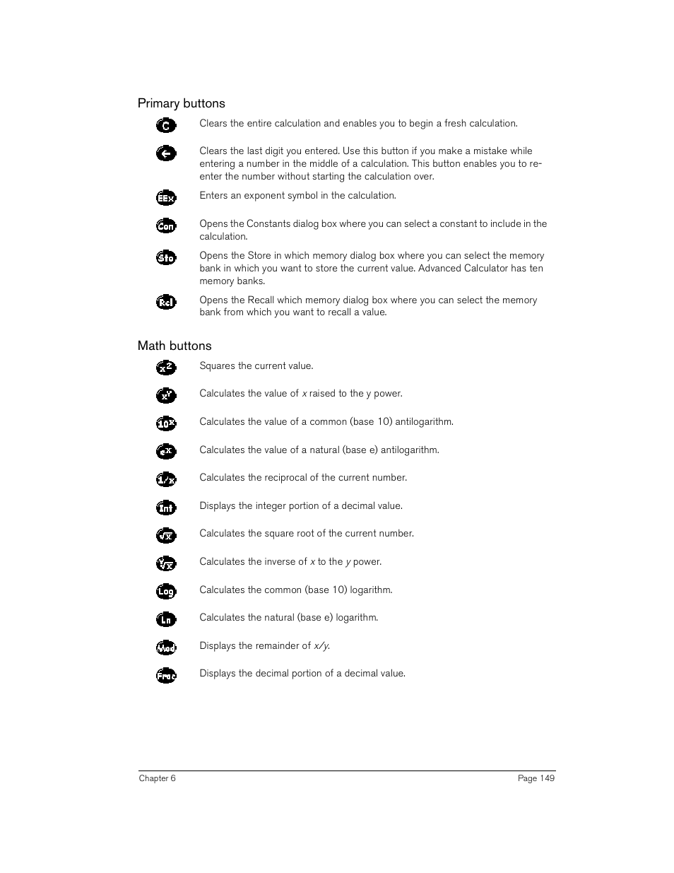 Primary buttons, Math buttons, Primary buttons math buttons | Handspring Treo 180 User Manual | Page 149 / 235