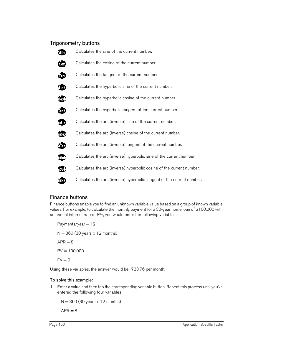 Trigonometry buttons, Finance buttons, To solve this example | Trigonometry buttons finance buttons | Handspring Treo 180 User Manual | Page 150 / 235