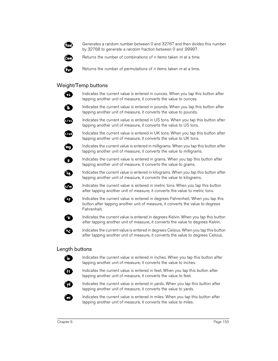 Weight/temp buttons, Length buttons, Weight/temp buttons length buttons | Handspring Treo 180 User Manual | Page 153 / 235