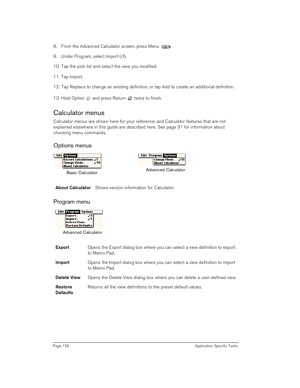 Calculator menus, Options menus, Program menu | Tcp/ip troubleshooting, Options menus program menu | Handspring Treo 180 User Manual | Page 156 / 235