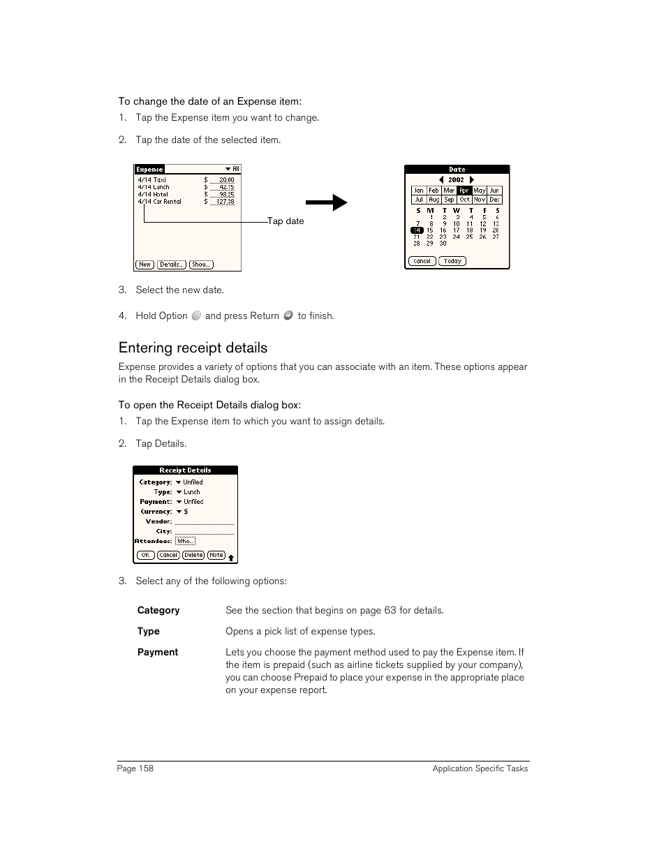 To change the date of an expense item, Entering receipt details, To open the receipt details dialog box | Handspring Treo 180 User Manual | Page 158 / 235