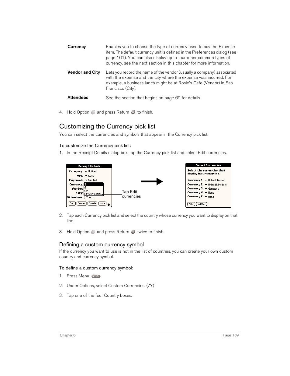 Customizing the currency pick list, To customize the currency pick list, Defining a custom currency symbol | To define a custom currency symbol | Handspring Treo 180 User Manual | Page 159 / 235