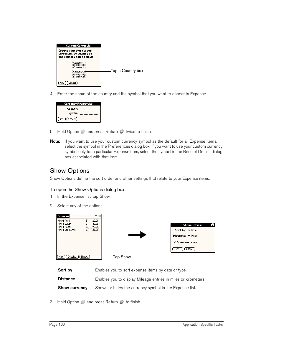 Show options, To open the show options dialog box | Handspring Treo 180 User Manual | Page 160 / 235