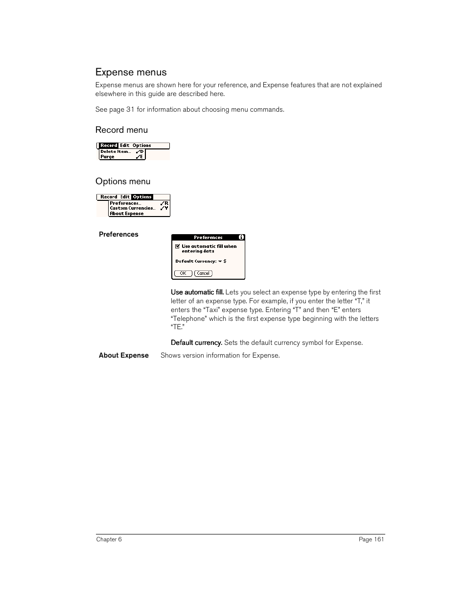 Expense menus, Record menu, Options menu | Record menu options menu | Handspring Treo 180 User Manual | Page 161 / 235