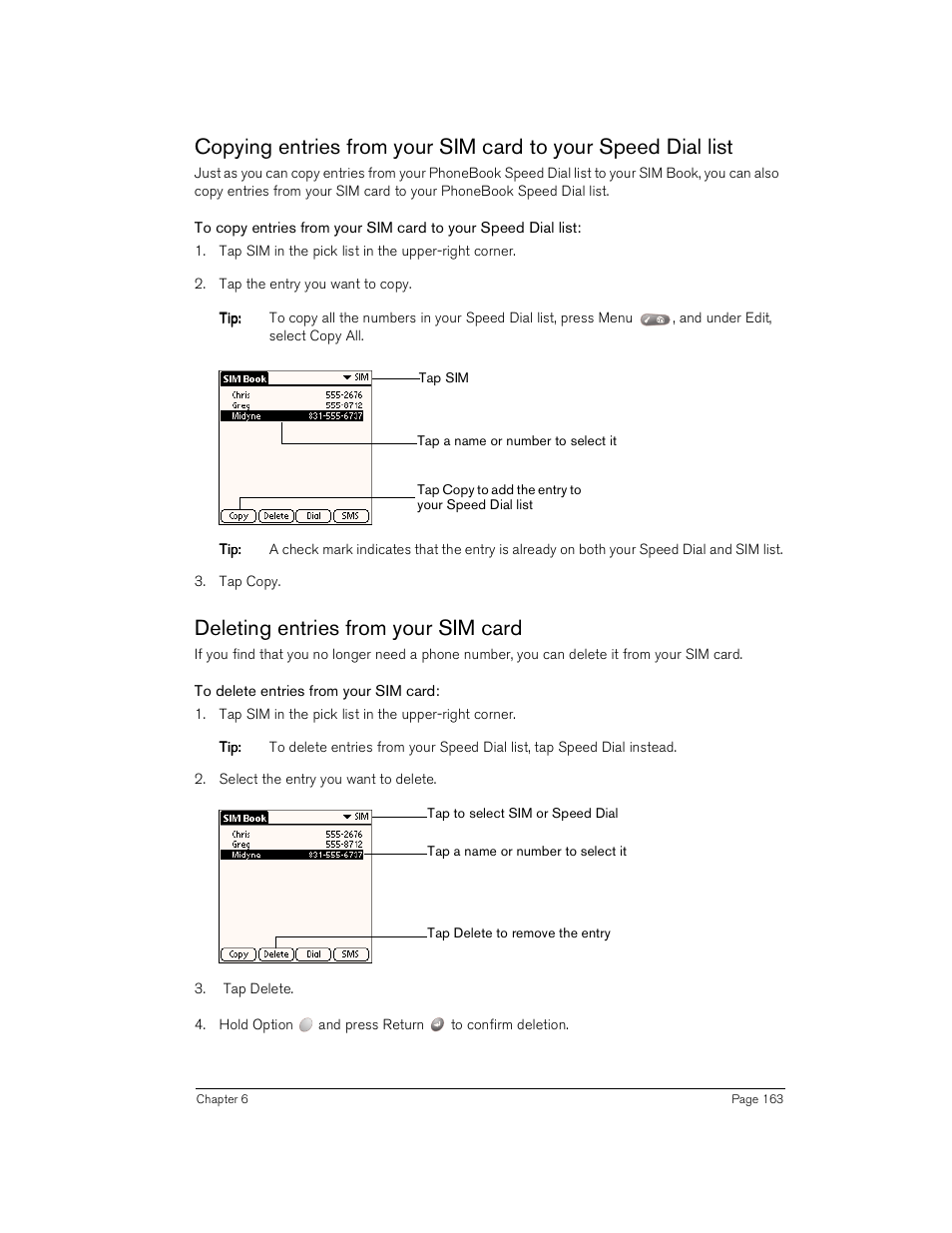 Deleting entries from your sim card, To delete entries from your sim card | Handspring Treo 180 User Manual | Page 163 / 235