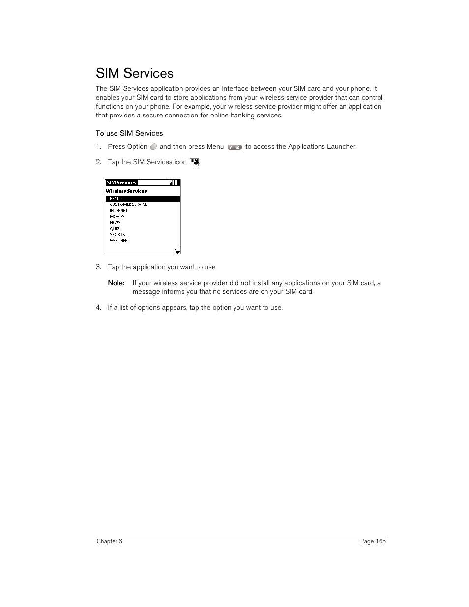 Sim services, To use sim services | Handspring Treo 180 User Manual | Page 165 / 235