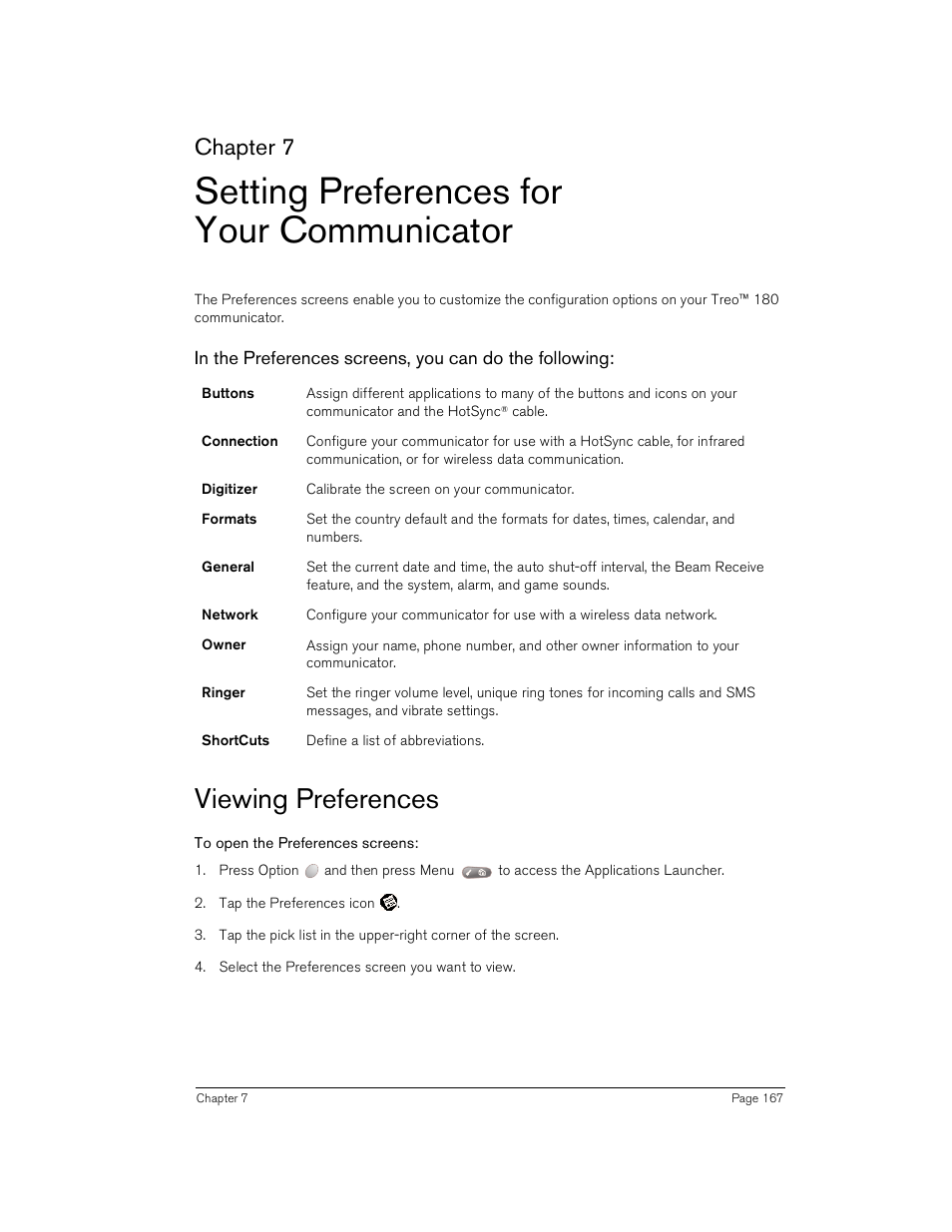 Setting preferences for your communicator, Viewing preferences, To open the preferences screens | Chapter 7 | Handspring Treo 180 User Manual | Page 167 / 235