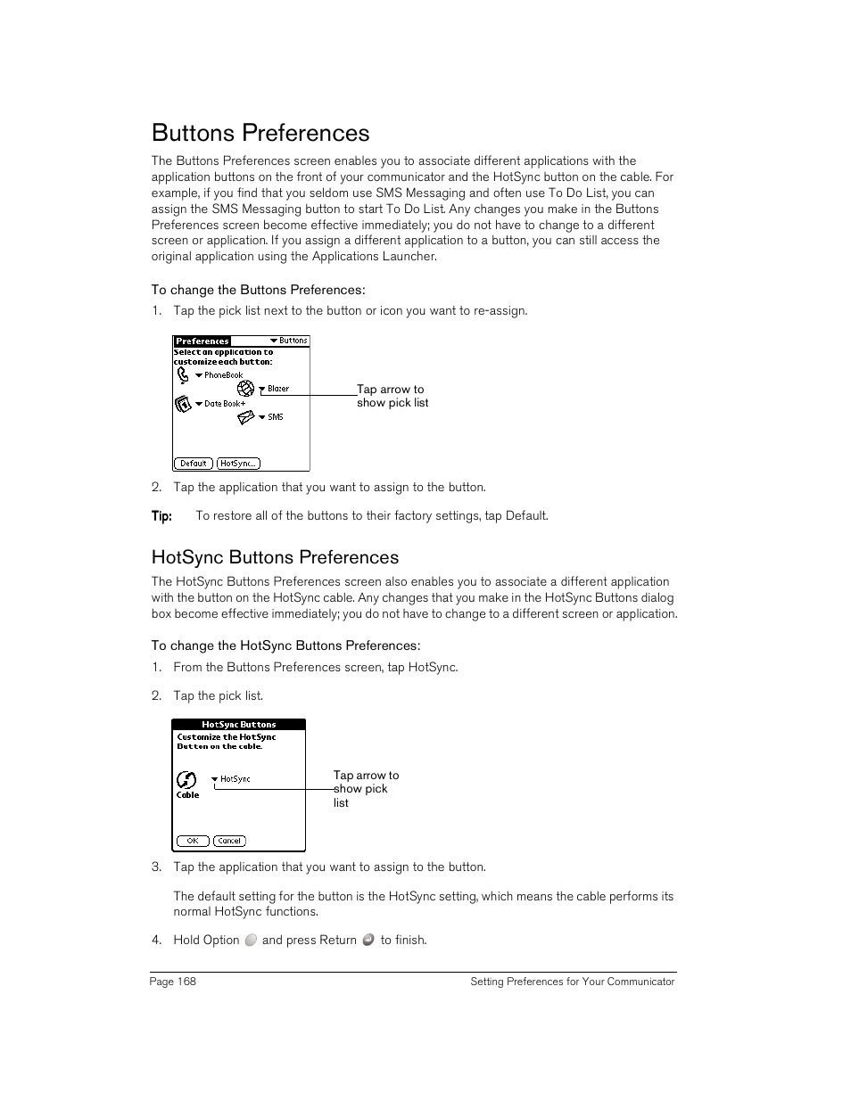 Buttons preferences, To change the buttons preferences, Hotsync buttons preferences | To change the hotsync buttons preferences, Ge 168 | Handspring Treo 180 User Manual | Page 168 / 235