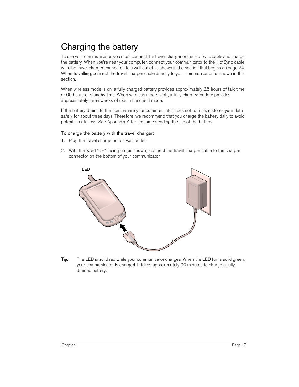 Charging the battery, To charge the battery with the travel charger | Handspring Treo 180 User Manual | Page 17 / 235