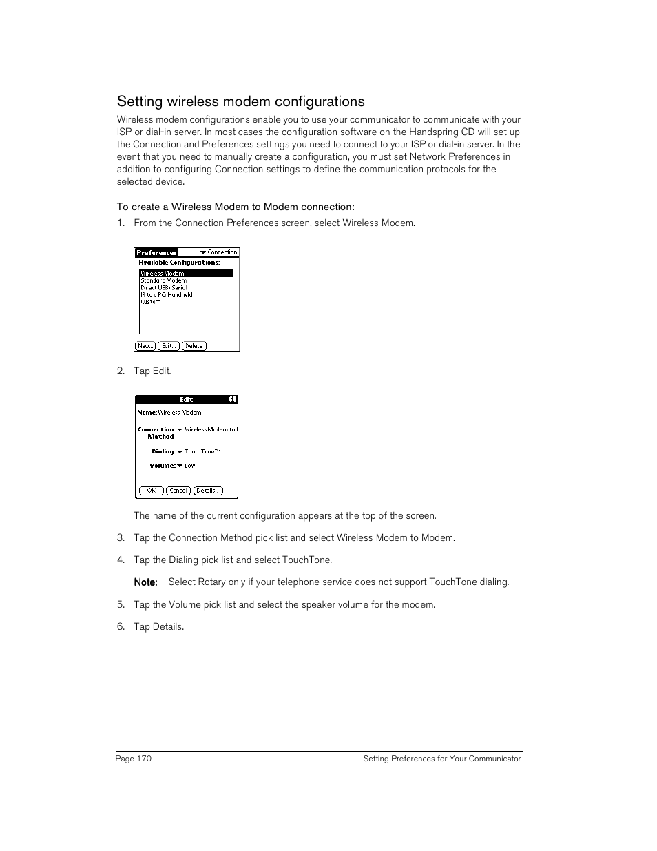 Setting wireless modem configurations, To create a wireless modem to modem connection | Handspring Treo 180 User Manual | Page 170 / 235