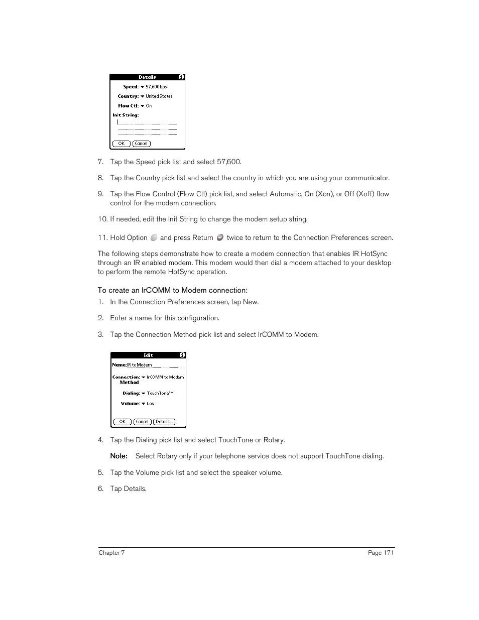 To create an ircomm to modem connection | Handspring Treo 180 User Manual | Page 171 / 235