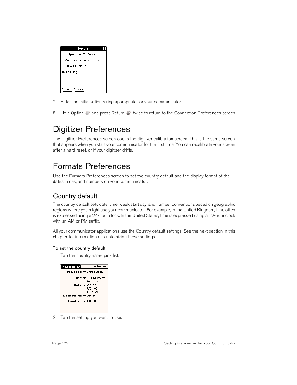 Digitizer preferences, Formats preferences, Country default | To set the country default | Handspring Treo 180 User Manual | Page 172 / 235