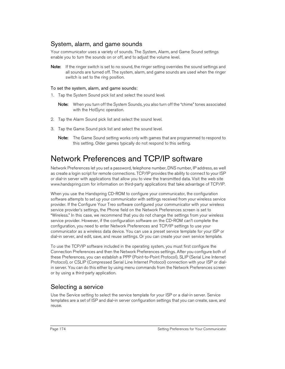 System, alarm, and game sounds, To set the system, alarm, and game sounds, Network preferences and tcp/ip software | Selecting a service, System, alarm, and game sounds 74 | Handspring Treo 180 User Manual | Page 174 / 235