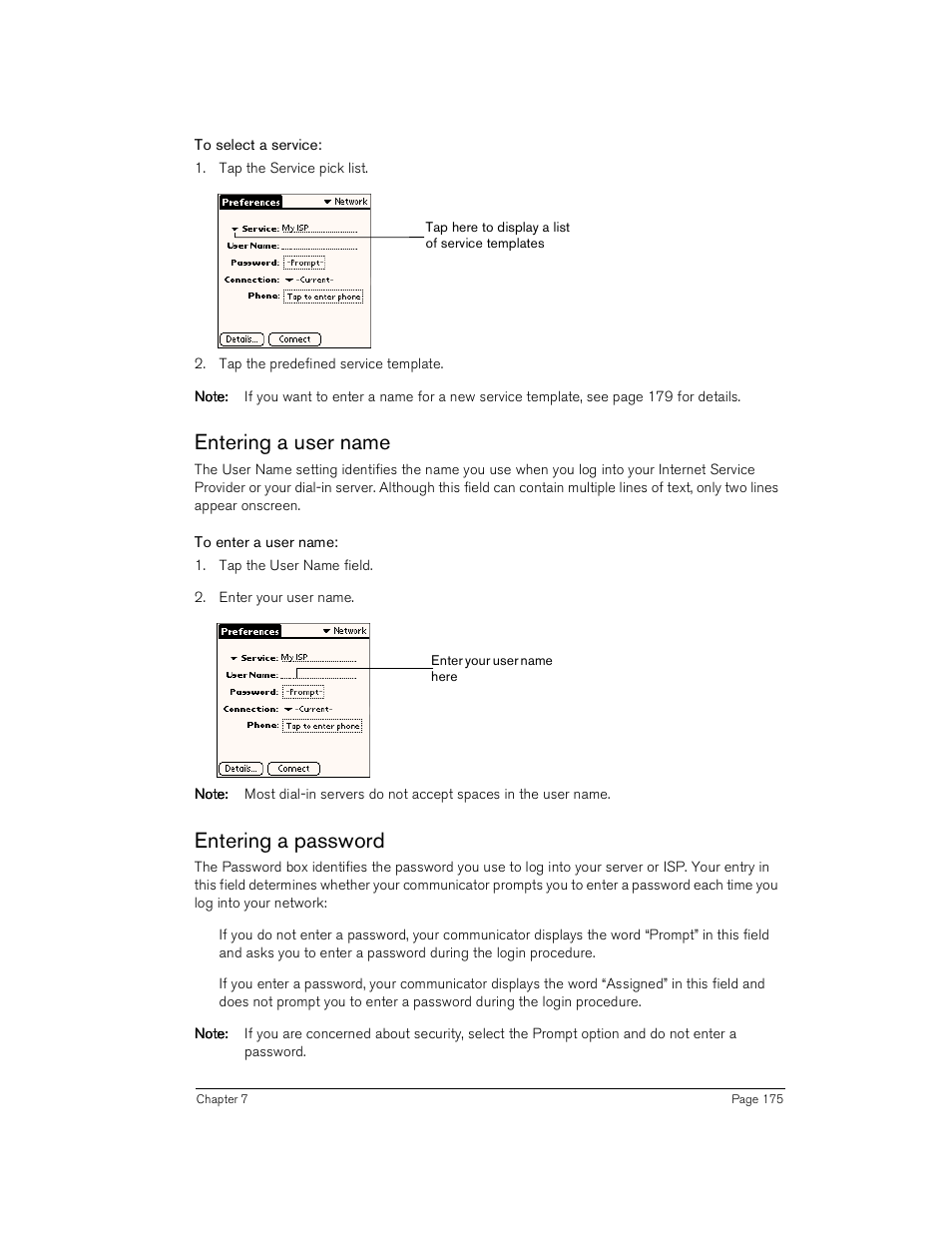 To select a service, Entering a user name, To enter a user name | Entering a password, Entering a user name entering a password | Handspring Treo 180 User Manual | Page 175 / 235