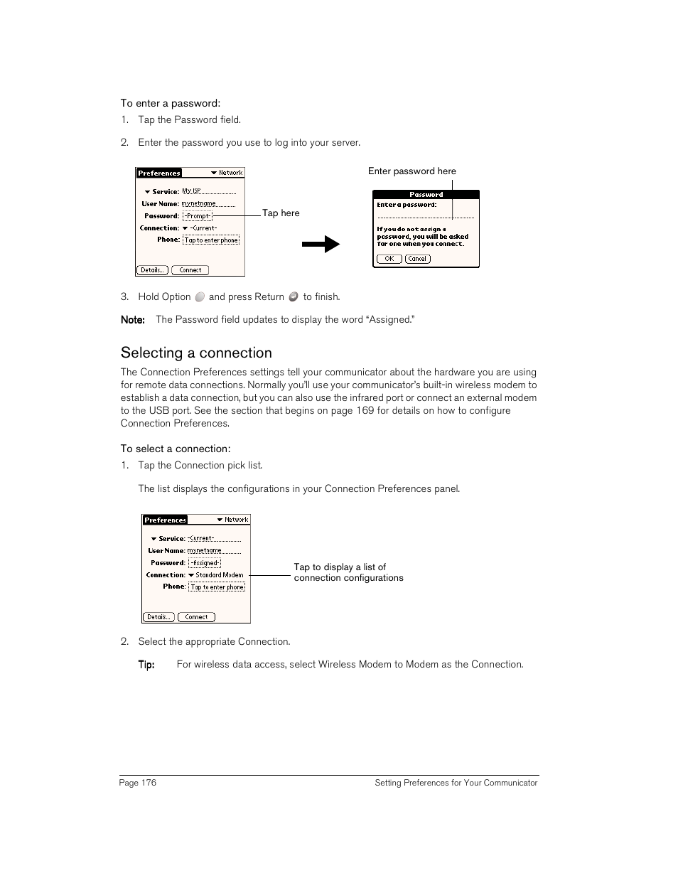 To enter a password, Selecting a connection, To select a connection | Handspring Treo 180 User Manual | Page 176 / 235