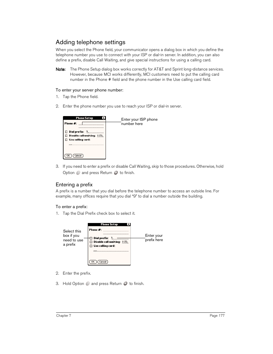 Adding telephone settings, To enter your server phone number, Entering a prefix | To enter a prefix | Handspring Treo 180 User Manual | Page 177 / 235